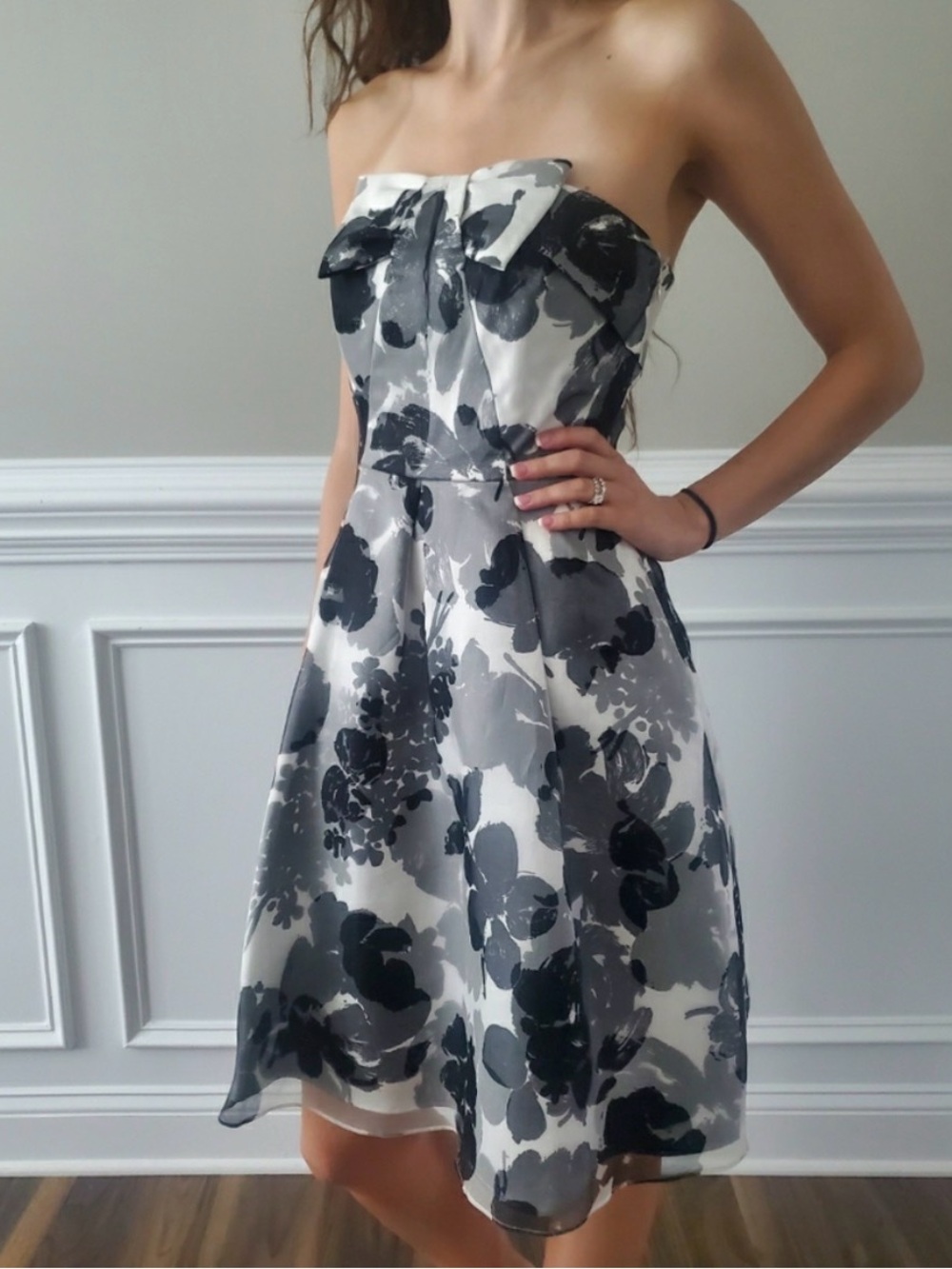 White House Black Market Strapless Black & Gray Floral Fit-and-Flare Dress